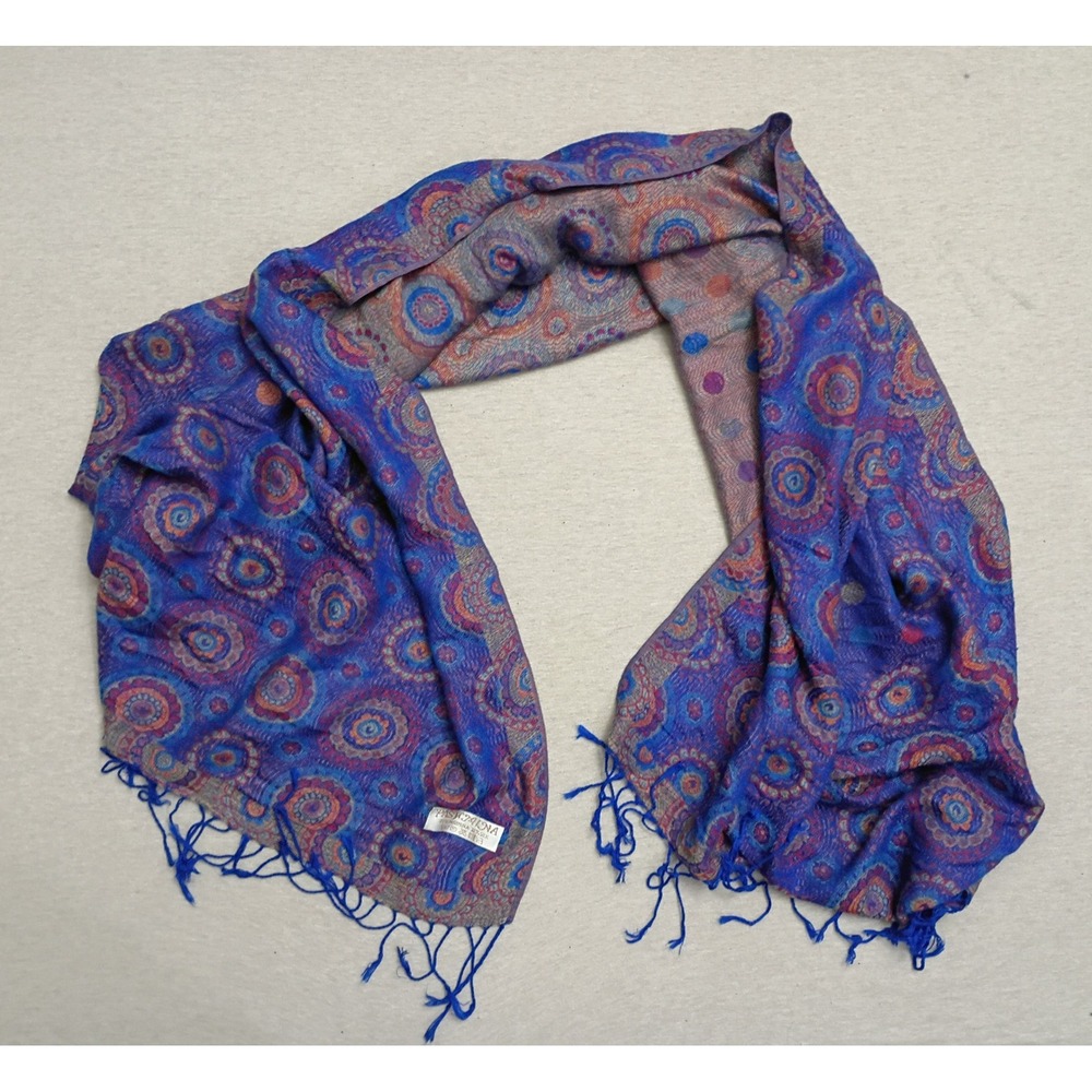 Pashmina Silk Blend Scarf Blue Medallion Polka Dot Fringe Wrap Shawl 27x68